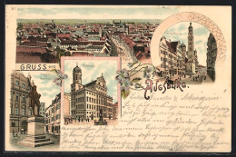 Lithographie Augsburg, Panorama, Fugger Denkmal, Rathaus, Strassenansicht  - Augsburg