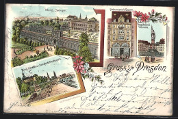 Lithographie Dresden, Königl. Belvedere Und Dampfschiffhalteplatz, Kgl. Zwinger, Steinemann's Bazar  - Dresden