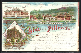Lithographie Dresden-Pillnitz, Dampfschiff-Hotel, Lustschloss, Ruine  - Pillnitz