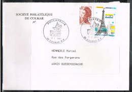 PHIL-L73 - FRANCE Cachet Comm. Illustré Sur Lettre Philatélie Colmar 1990 Timbre Tour Eifel - Commemorative Postmarks