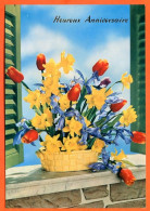 CP Heureux Anniversaire Fleurs Fleur Série 199 1  Bouquet Tulipes Jonquilles Carte Vierge TBE - Fleurs
