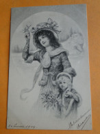 Illustrateur M. M. VIENNE -- Femme Et Enfant Avec Branches De Gui - Carte " Précurseur " 1904 - Vienne