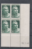 France N° 730 XX  Marianne De Gandon 20 F. Vert En Bloc De 4 Coin Daté Du 16 . 1 . 46, Sans Charnière, TB - 1940-1949