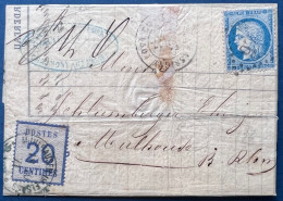 Lettre Mixte N°60I 25c Bleu Oblit GC 978 De CHAUMONT En BASSIGNY Pour MULHOUSE + N°6 Obl Càd Allemand Bleu !! - Briefe U. Dokumente