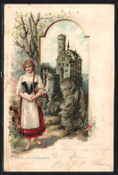 Passepartout-Lithographie Lichtenstein, Mädchen Namens Bärbel Mit Korb Und In Tracht An Der Burg Um 1900  - Autres & Non Classés