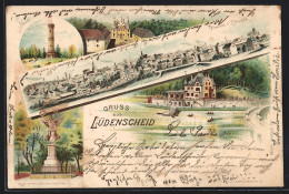 Lithographie Lüdenscheid, Panorama, Homertturm, Neuenhof, Kriegerdenkmal, Thalsperre  - Luedenscheid