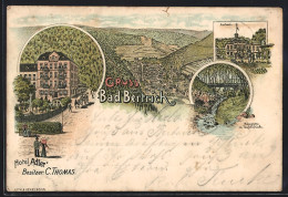 Lithographie Bad Bertrich, Hotel Adler Besitzer: C. Thomas, Kurhaus, Käsegrotte M. Teufelsbrücke  - Bad Bertrich