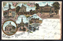 Lithographie Rastatt, Rathaus, Einsiedlerkapelle, Schloss  - Rastatt