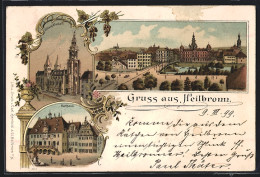 Lithographie Heilbronn, Ortspartie Mit Brücke, Kilianskirche, Rathaus  - Heilbronn