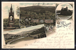 Lithographie Bad Nassau, Totalansicht, Kloster Arnstein, Blick Vom Niederberg, Blumen, Um 1900  - Nassau