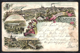 Lithographie Remscheid, Schloss Küppelstein, Talsperre, Eisenbahnbrücke, Ortsansicht  - Remscheid