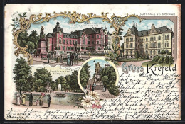 Lithographie Krefeld, Bismarck-Denkmal, Rathaus Am Westwall Und Landratsamt  - Krefeld