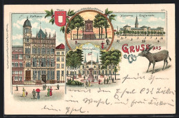 Lithographie Wesel / Rhein, Kaserne, Esplanade, Esel, Schützenplatz, Wappen  - Wesel