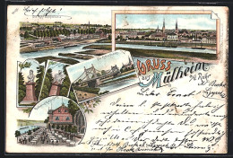 Lithographie Mülheim A. D. Ruhr, Restaurant Kahlenberg, Ruhr-Schleuse, Kettenbrücke  - Muelheim A. D. Ruhr