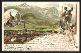 Lithographie Partenkirchen, Ortsansicht Mit Bergpanorama, Mann In Tracht  - Sonstige & Ohne Zuordnung