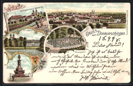 Lithographie Donaueschingen, Schützenbrücke & Stadtkirche, Kaiser-Brunnen, Donauquelle, Totalansicht  - Donaueschingen