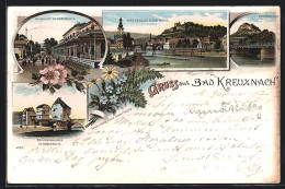 Lithographie Bad Kreuznach, Kurhaus, Brückenhäuser, Ortsansicht Und Die Nahe, Ebernburg  - Bad Kreuznach