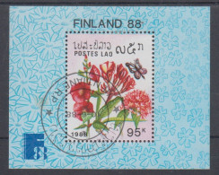 LAOS 1988 FINLAND 88 PHILATELIC EXHIBITION FLOWERS BUTTERFLY CANCELLED S/SHEET - Briefmarkenausstellungen