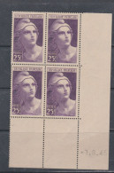France N° 731 XX  Marianne De Gandon 25 F. Violet En Bloc De 4 Coin Daté Du 7 . 8 . 45, Sans Charnière, TB - 1940-1949