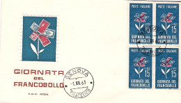 1963-L.15 In Quartina Giornata Del Francobollo Su Fdc Illustrata Rodia - FDC