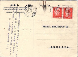 1945-cartolina Con Intestazione Commerciale U.D.I. Affrancata Coppia 60c. Aranci - Marcofilie