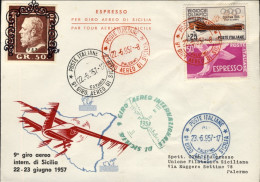 1957-Aereogramma Ufficiale 9 Giro Aereo Di Sicilia Con Timbri Di Partenza, Di Ar - Luftpost