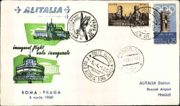 1960-I^volo Alitalia Roma Praga Del 5 Aprile Su Busta Illustrata Ed Annullo Spec - Poste Aérienne