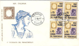 1962-L.15 Giornata Del Francobollo In Quartina Su Fdc Illustrata Filagrano - FDC