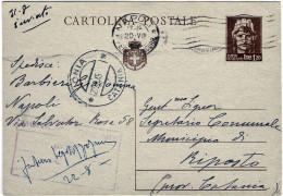 1945-cartolina Postale L.1.20 Turrita Con Stemma Viaggiata,annullo Ionia Catania - Marcophilia