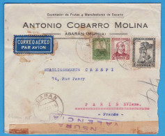 LETTRE PAR AVION ESPAGNE DE 1938 - ANTONIO COBARRO MOLINA, ABARAN (MURCIA) POUR FRANCE - CENSURA VALENCIA 195 - Cartas & Documentos