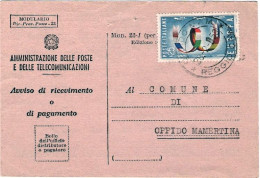 1958-avviso Di Ricevimento Affr. L.25 Europa Isolato Cat.Sassone Euro 50 - 1946-60: Marcophilie
