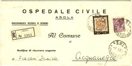 1959-piego Raccomandato Ospedaliero Affrancato L.25 Siracusana+L.60 Francobollo  - 1946-60: Marcophilie