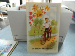 FRAMERIES:UN BONJOUR  DE FRAMERIES AVEC UN  JEUNE HOMME A BICYCLETTE - Frameries