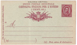 1891-Eritrea Cartolina Postale Per L'estero Da 10c. Cat.Filagrano C 3 - Eritrea