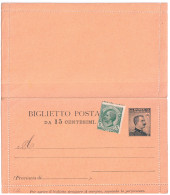 1919-Biglietto Postale 15c.Repetati Nero Su Giallo Con Affrancatura Aggiunta 5c. - Interi Postali