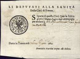 1617-Trento Fede Di Sanita' Li Deputati Alla Sanita Della Citta' Di Trento Timbr - Historical Documents