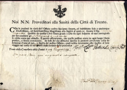 1739-Trento Fede Di Sanita' Rilasciata Il 29 Giugno Dai Proveditori Della Citta' - Documents Historiques
