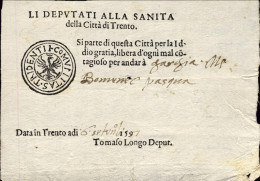 1597-Trento Fede Di Sanita' "li Deputati Alla Sanita' Della Citta' Di Trento Tri - Historical Documents
