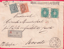 1890-frammento Di Assicurata Per L.100 Variamente Affrancato, I Due Valori Con E - Poststempel