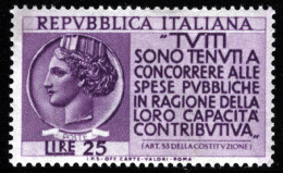 1954-Italia (MNH=**) Redditi L.25 Con Filigrana Lettere Completa - 1946-60: Neufs