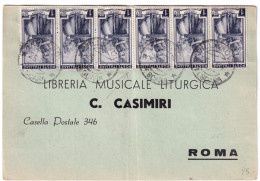 1954-ITALIA LAVORO Striscia Sei Lire 1 Su Cedola, Piega Centrale - 1946-60: Marcophilia