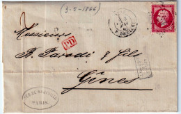 1866-Francia 80c. Napoleone III Su Sovracoperta Per Genova,tinta Vivace - 1863-1870 Napoleon III With Laurels