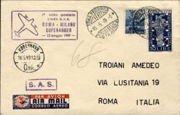 1949-cat.Pellegrini N.302 Euro 200, Bollo Viola I^volo Postale SAS Roma-Copenhag - Poste Aérienne