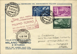 1948-volo Postale Straordinario Milano-Torino Per Il 23^ Congresso Filatelico It - Poste Aérienne