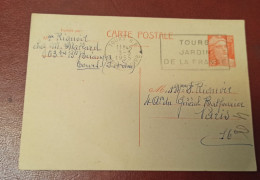 ENTIER POSTAL CARTE POSTALE MARIANNE DE GANDON 1955 12 Francs Orange Sur Chamois N° 885 - CP1 Flamme Tours (37) - Cartes Postales Types Et TSC (avant 1995)