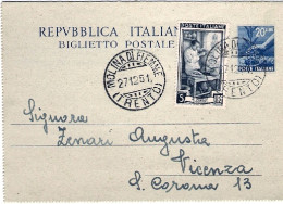 1951-biglietto Postale L.20 Olivo Con Affrancatura Aggiunta L.5 Italia Al Lavoro - Entiers Postaux