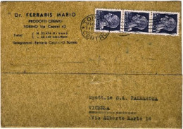 1946-cartolina Affrancata Striscia L.1 Imperiale Senza Fasci Emissione Di Novara - 1946-60: Poststempel