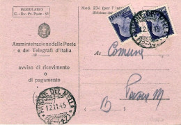 1945-avviso Di Ricevimento Affrancato Coppia L.1 Imperiale Senza Fasci Emissione - Poststempel