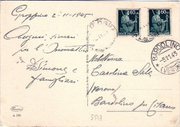 1945-cartolina Illustrata Affrancata Due 60c. Democratica Annullo Bardolino Vero - Storia Postale