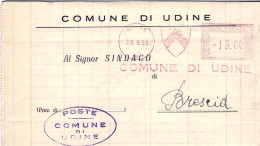 1953-piego Comunale Affrancatura Meccanica Rossa Del Comune Di Udine L.13 - Macchine Per Obliterare (EMA)